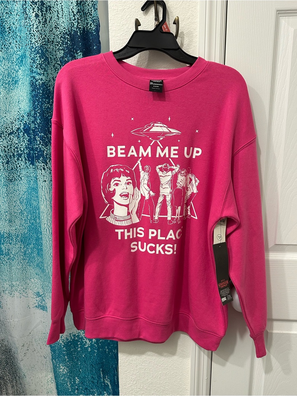 #45 Graphic 'Beam Me Up This Place Sucks' Crewneck Sweatshirt - Hot Pink